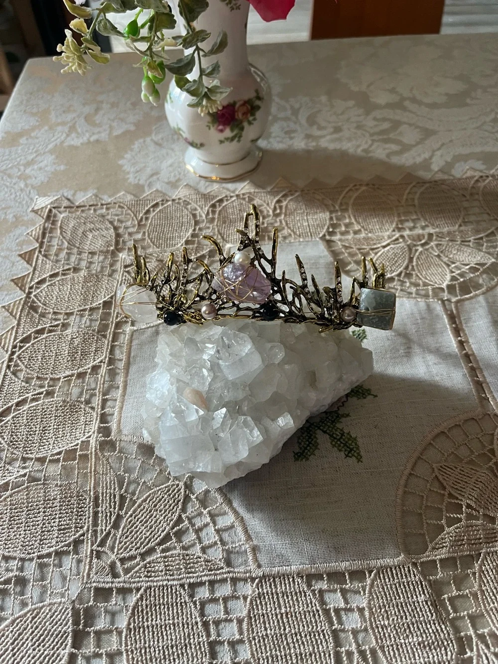 Handcrafted Gold Crystal Crown Hairpiece with Lavender and Clear Stones